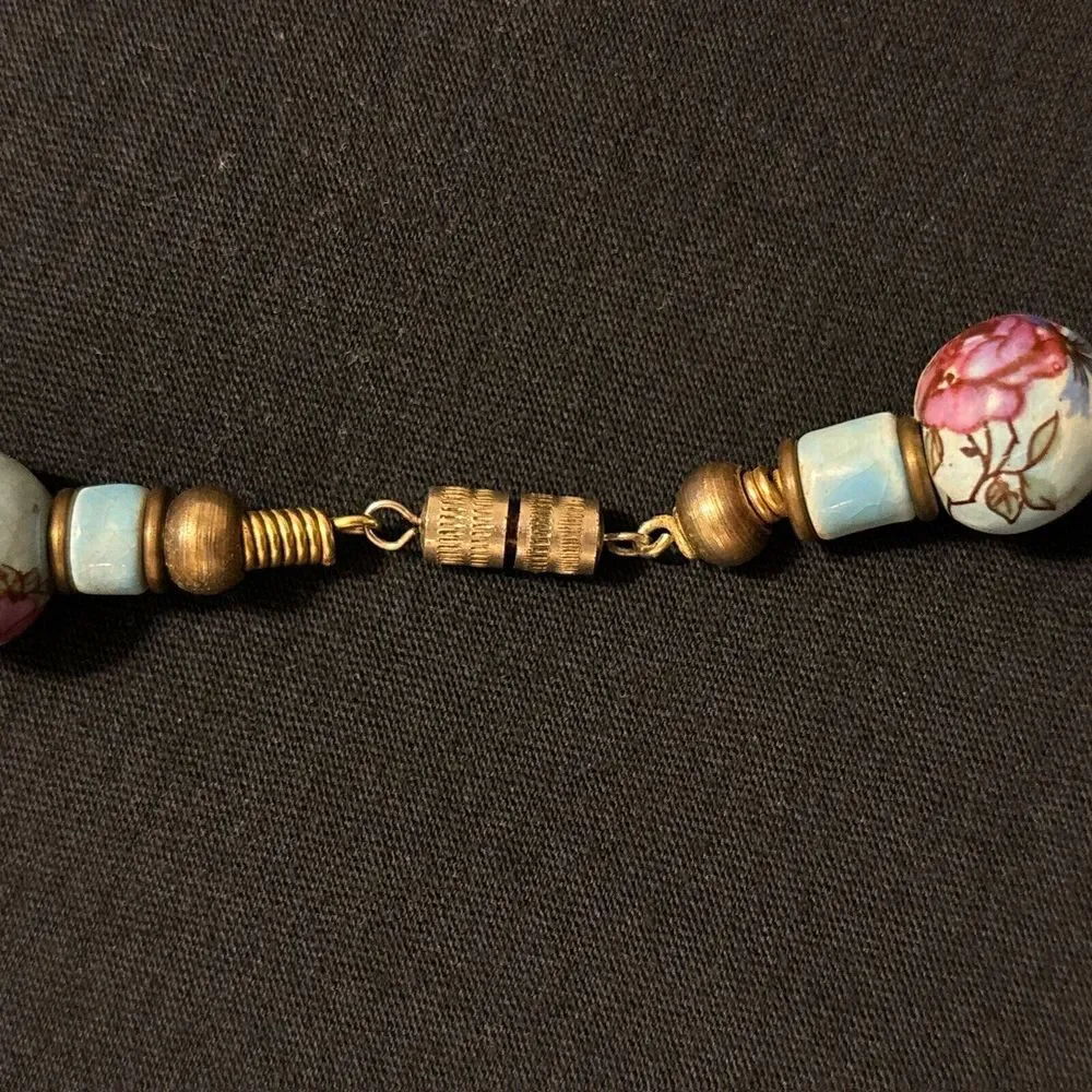 Vintage Hand Painted Porcelain Bead Necklace Turquoise Color Blue With Roses